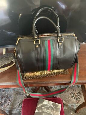 Gucci Vintage Web Boston Bag with Green & Red Stripe